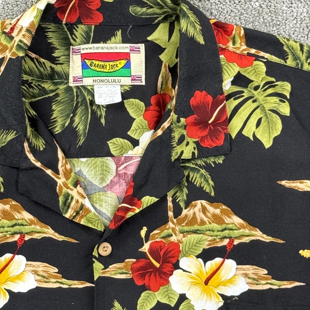 Banana Jack Shirt Mens 2XL Black Tropical Hibiscus Rayon Aloha Hawaiian Casual